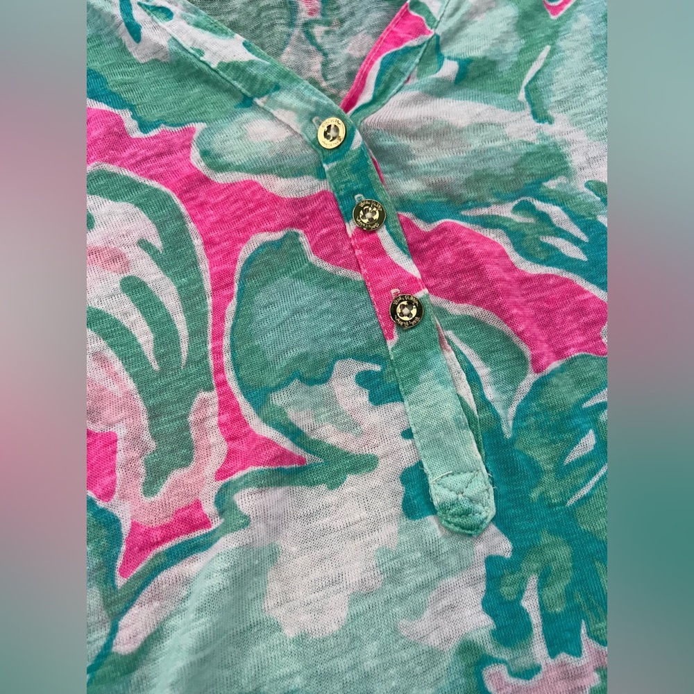 LILLY PULITZER Mindy Tunic Top Tropical Pink Sands V-Neck Linen Shirt Medium - Picture 10 of 11